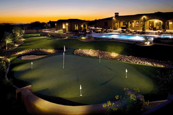 Southwest Greens of Huntsville artificial golf green with sand trap at luxury home